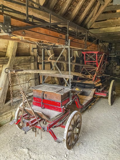 Historic fire engine for horse-drawn carriage from the early 20th century with turntable ladder, Open Air Museum Neuhausen, Neuhausen ob Eck, Baden-Württemberg, Germany, Europe