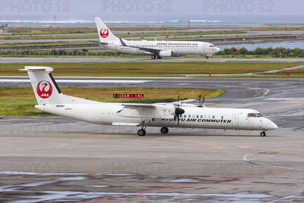 Aircraft of Ryukyu Air Commuter and Japan Transocean Air at Okinawa Airport (OKA) in Naha, Japan, Asia