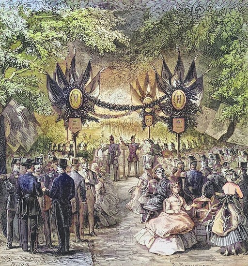 Charity concert held in Boulogne-sur-Seine, 1869, France, Historic, digitally restored reproduction of an original 19th century artwork, exact original date unknown, Europe