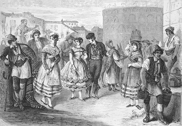 Citizens in Spain in typical dress around 1870, from left, Murca, Aragon, Valencia, Andalusia, Castilla, Asturias, Historic, digitally restored reproduction of an original 19th century artwork, exact original date unknown