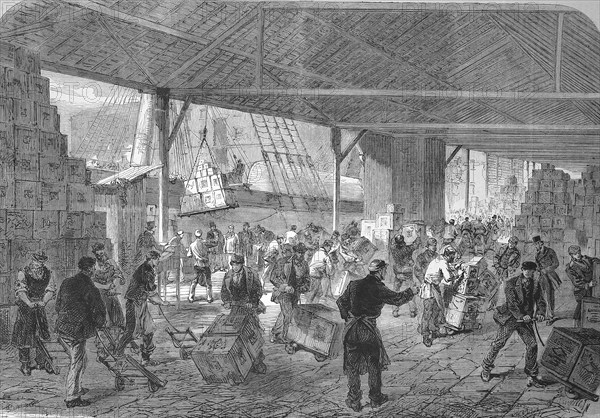 Delivery of Tea in the Docks of London, 1868, England, Historic, digitally restored reproduction of a 19th century original