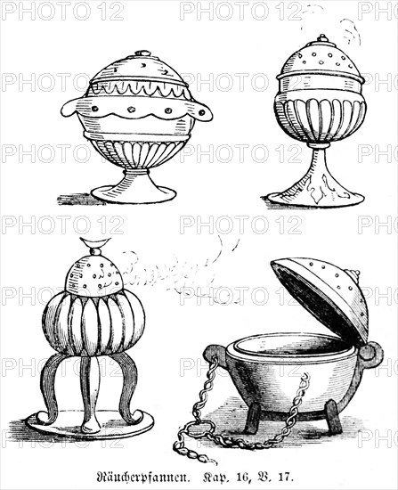 Incense pans, various, four pans, smoke, fuel, fire, incense, Old Testament, Genesis, Fourth Book of Moses, chapter 16, verse 17, historical illustration circa 1850