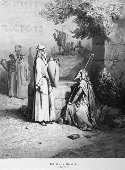 Bible, Rebekah at the well, Genesis 1, 24, 15, people, woman, drawing water, jug, robe, old man, staff, camel, hill, landscape, Moses, Old Testament, historical illustration 1885