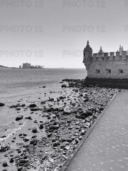 Torre de Belem at the mouth of the Tagus, monochrome, Belém, Lisbon, Portugal, Europe