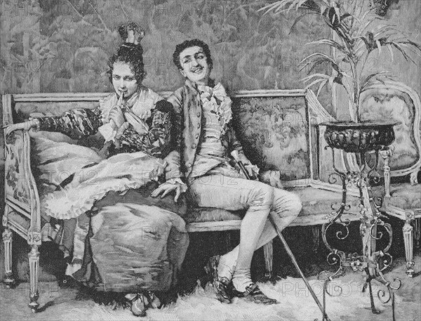 Young couple sitting on a sofa, relieved facial expression. Woodcut after a painting by P. Bedini, The End of the Thunderstorm, Historical, digitally restored reproduction of an original from the 19th century, exact original date not known