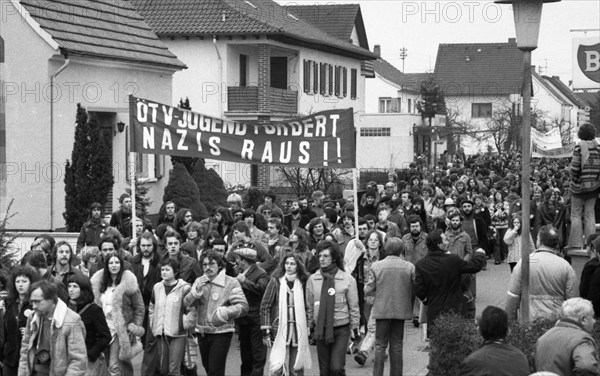 The party congress of the National Democratic Party of Germany (NPD) triggered protests against neo-Nazism, fascism and war on 08.12.1979 in Ketsch, Germany, Europe