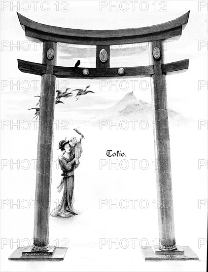 Torii, Japanese gate, Tokyo, Japan, tradition, two posts, double crossbar, symbolism, birds, woman carrying child, mountain, historical illustration c. 1898, Asia