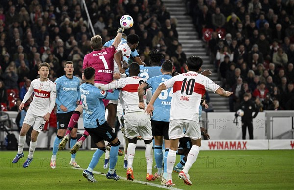 Penalty area scene, Goal area scene Goalkeeper Lukas Hradecky Bayer 04 Leverkusen (01) Fist defence, MHPArena, MHP Arena Stuttgart, Baden-Württemberg, Germany, Europe