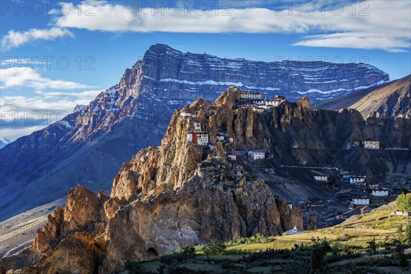 Dhankar monastry perched on a cliff in Himalayas. Dhankar, Spiti Valley, Himachal Pradesh, India, Asia