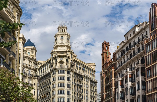 Architecture and buildings over Plaza del Ayuntamiento, Valencia, Spain, Europe