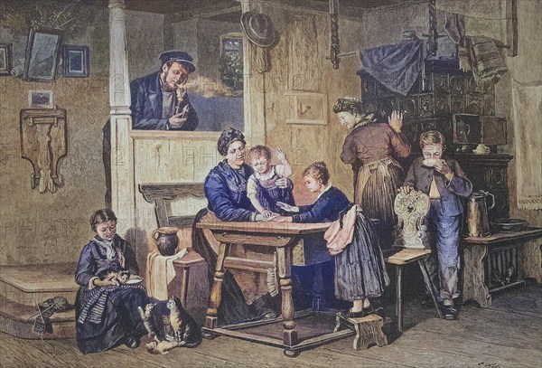 Playing with children on a Sunday afternoon in a middle-class flat, man with a pipe, mother standing by the tiled stove, a girl feeding the young cats, living room, around 1885, Historical, digitally restored reproduction from a 19th century origina