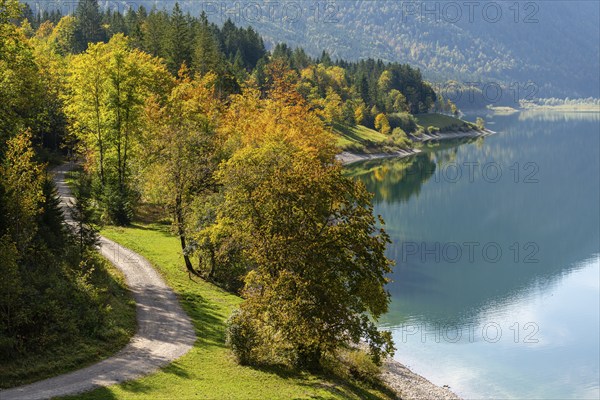 Intake structure at the Sylvenstein reservoir is used for flood protection, dams the Isar, power station, power generation, forest, hiking trail