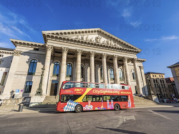 Bus for city tour in front of the National Theatre at Max-Joseph-Platz, Bavarian State Opera, Munich, Bavaria, Germany, Europe