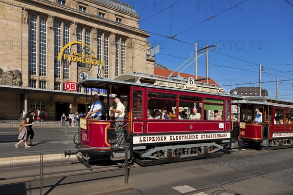 Leipzig historic tram in front of the main railway station