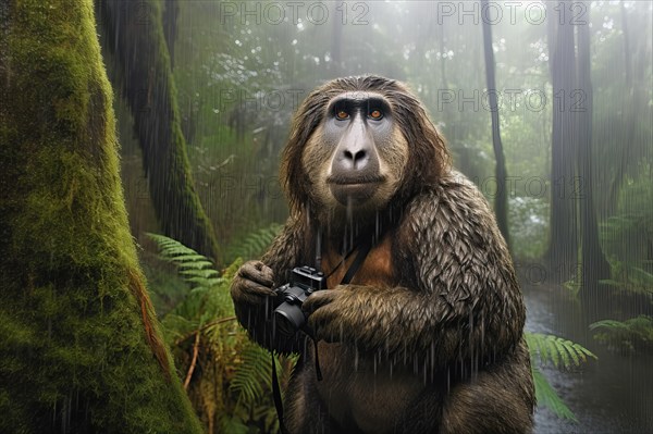 Saki monkey holding a camera under a heavy shower in the rainforest, AI Generated