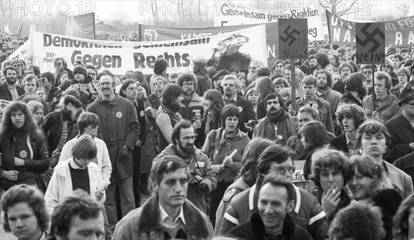 The party congress of the National Democratic Party of Germany (NPD) triggered protests against neo-Nazism, fascism and war on 08.12.1979 in Ketsch, Germany, Europe