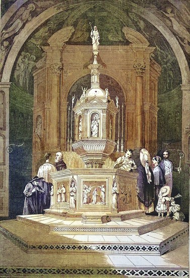 Baptism in the Baptistery of San Giovanni in Siena, 1869, Tuscany, Italy, Historic, digitally restored reproduction of a 19th century original, exact original date unknown, Europe