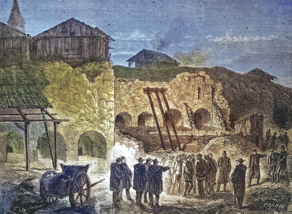 A Police Raid on the Quarries of America, 1868, Historic, digitally restored reproduction of an original 19th century artwork, exact original date unknown