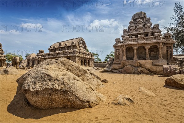 Five Rathas, ancient Hindu monolithic Indian rock-cut architecture. Mahabalipuram, Tamil Nadu, South India