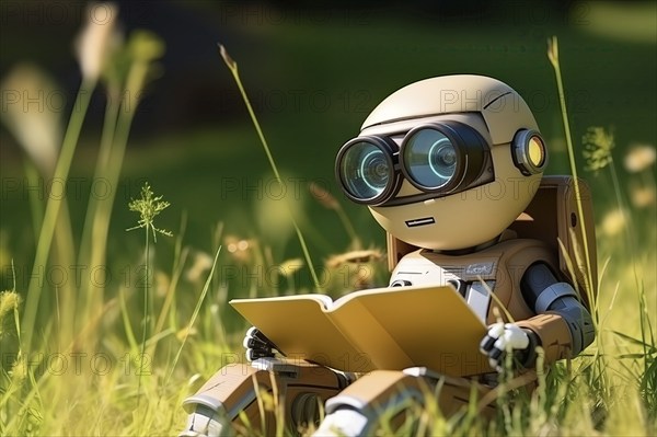 AI learning concept, a cute robot reading a book in a summer meadow. The image captures the harmony between nature and technology