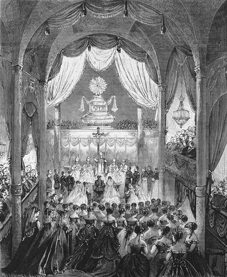 The wedding of Umberto I and his cousin Margarethe on 22 April 1868 in Turin Cathedral, Umberto I. Umberto Rainerio Carlo Emanuele Giovanni Maria Ferdinando Eugenio di Savoia (14 March 1844) (29. July 1900), House of Savoy, was King of Italy from 1878 to 1900, and Margarethe Maria Therese Johanna, Margherita Maria Teresa Giovanna di Savoia (20 November 1851) (4 January 1926), Historical, digitally restored reproduction of a 19th century original