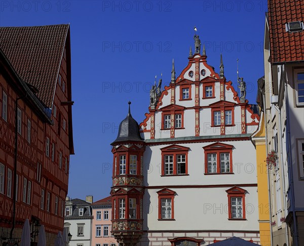 Town house (centre) and half-timbered houses in the town centre, Coburg, Upper Franconia, Bavaria, Germany, Europe