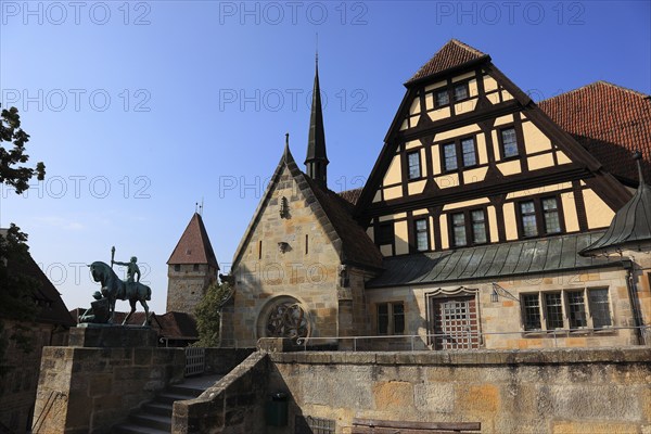 View from the bastion to the Luther Chapel and the princely building of Veste Coburg, Coburg, Upper Franconia, Bavaria, Germany, Europe