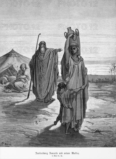 Bible, expulsion of Ishmael and his mother Hagar, Genesis, 21, 14, tent, people, expel, mourning, water jug, robe, Moses, child, woman, camp, Old Testament, historical illustration 1885