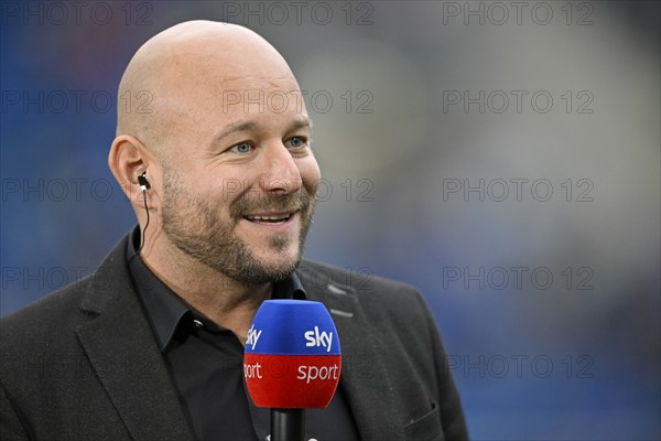 Managing Director Professional Football Alexander Rosen TSG 1899 Hoffenheim in an interview, microphone, mike, logo, SKY, portrait, PreZero Arena, Sinsheim, Baden-Württemberg, Germany, Europe