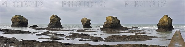 Sea stacks at the Plage des Cinq Pineaux at Saint-Hilaire-de-Riez, La Vendée, Pays de la Loire, France, Europe