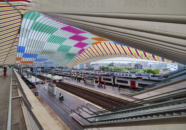 Liège-Guillemins station, architect Santiago Calatrava with the installation by Daniel Buren Comme tombées du ciel, les couleurs in situ et en mouvement, Liège, Belgium, Europe