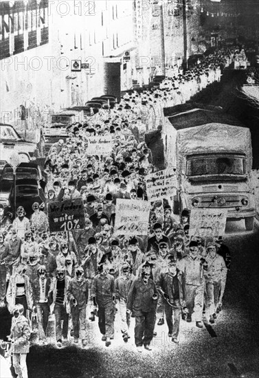 Pictures from the Ruhr area. The alienation is intentional. Made on 8.10.1974 in Dortmund. Demonstrating steelworkers, Germany, Europe