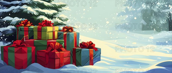 Abstract illustration of wrapped Christmas gifts, shiny ribbons and bows, stacked under a snow-dusted evergreen tree in a snowy outdoor setting, AI generated