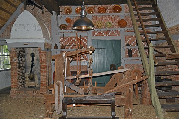 Europe, Germany, Lower Saxony, Hamburg Metropolitan Region, Hanseatic City of Stade, Museum Island, Stade Open-Air Museum, Altländer Haus, museum exhibits in the hallway, Europe