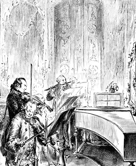 Frederick II the Great playing the royal flute in the parlour of Sanssouci Palace. Hohenzollern, musician, violins, music stand, Potsdam, Prussia, Brandenburg, historical illustration 1882