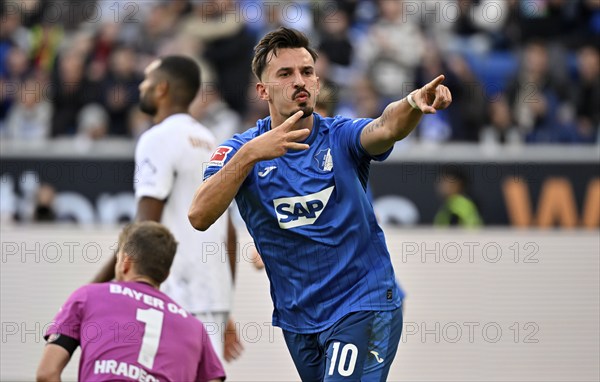 Goal celebration Mergin Berisha TSG 1899 Hoffenheim (10) Disappointment for Jonathan Tah Bayer 04 Leverkusen (04) and goalkeeper Lukas Hradecky Bayer 04 Leverkusen (01) PreZero Arena, Sinsheim, Baden-Württemberg, Germany, Europe