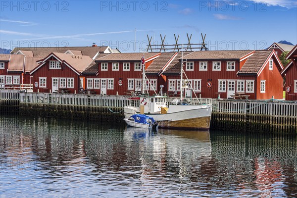 Typical red wooden houses at the harbor, Svolvær, Lofoten, Norway, Europe