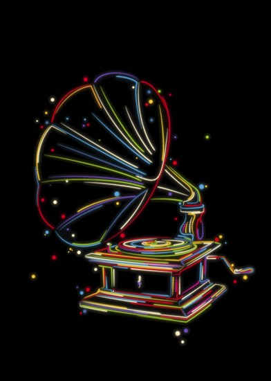 Stylized hand drawn gramophone vintage, stylized vector illustration in colors over black background