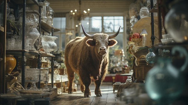 Very large bull with horns in a China shop filled with glassware. generative AI, AI generated