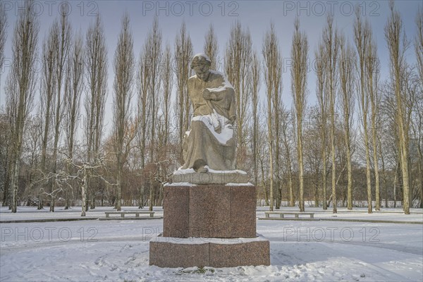 Statue of Mother Homeland, forecourt, Soviet memorial, winter, Treptower Park, Treptow, Treptow-Köpenick, Berlin, Germany, Europe