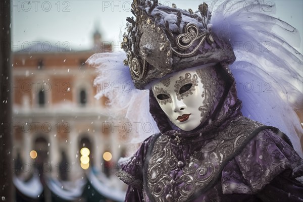 A person adorned in a richly detailed and colorful carnival costume, complete with an elaborate mask, participates in the iconic Venice Carnival with snowfall, AI generated