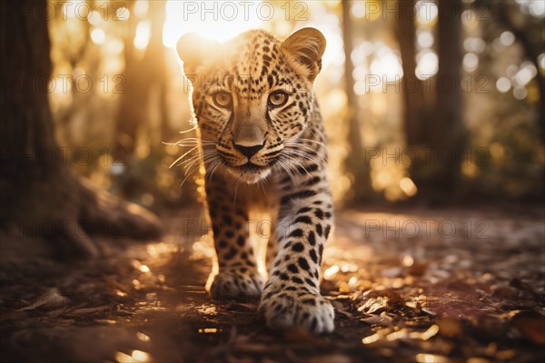 Baby leopard walking with confidence during the golden hour, showcasing its spotted fur and innocent eye, AI generated