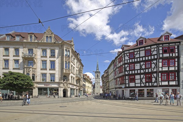 View of Marktstraße with All Saints' Church from the cathedral square, half-timbered house, people, pedestrians, rails, Erfurt, Thuringia, Germany, Europe