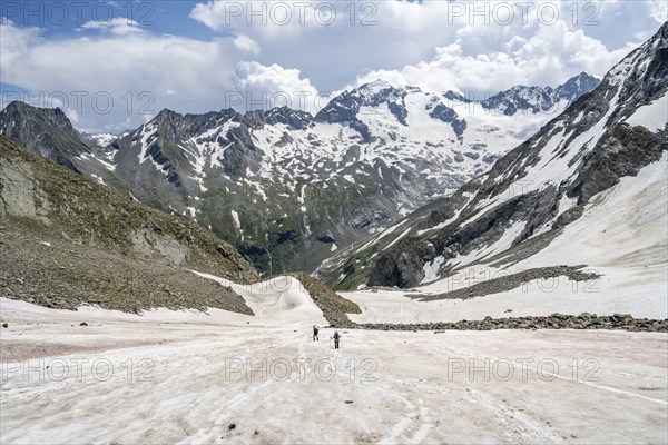 Mountaineers hiking in a snowfield, Nördliche Mörchnerscharte, behind mountain peak Kleiner Mörchner and Greizer Spitze with snow, Berliner Höhenweg, Zillertal Alps, Tyrol, Austria, Europe