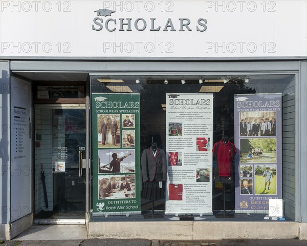 Window display Scholars specialist shop for school uniform clothing, Bath, Somerset, England, UK