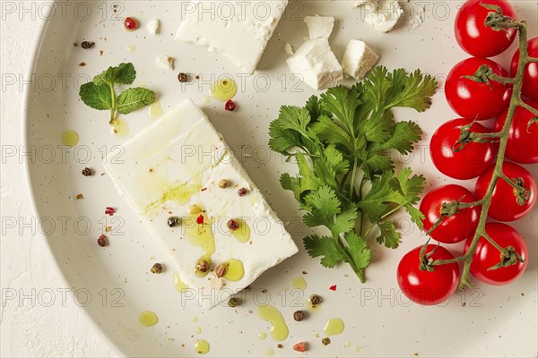 Feta cheese, for salads, with cherry, green butter, greens, on a white plate, appetizer, top view, close-up