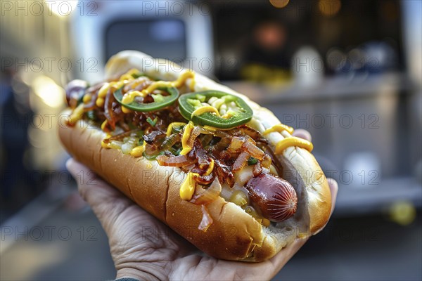 Hand holding hot dog topped with caramelized onions, jalapenos, and melted cheese with blurry street food truck in background. Generative Ai, AI generated