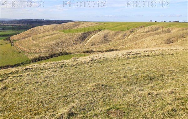 Dry valleys chalk scarp slope Roundway Down, North Wessex Downs, Wiltshire, England, UK