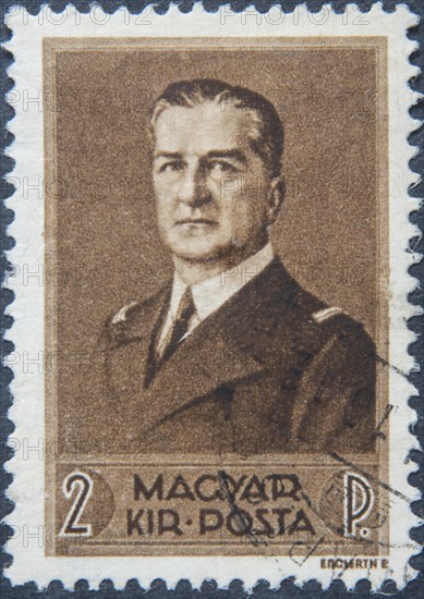 Miklós Horthy, (1868, 1957), Austro-Hungarian naval officer, Hungarian politician and military and head of state of Hungary from 1920 to 1944. Portrait on a Hungarian postal stamp