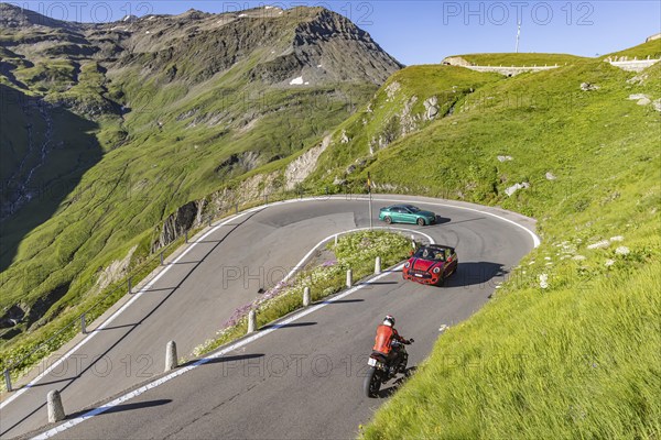 Furka Pass. Early in the morning, when the roads are still clear, the time for speeders and sports cars to take a quick lap over the Alpine pass begins. Realp, Canton Uri, Switzerland, Europe